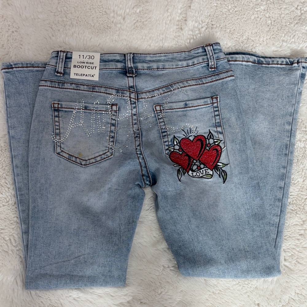 Telepatia Heart Embroidered Light Blue Bootcut Jeans,Size 11/30 - Picture 17 of 17